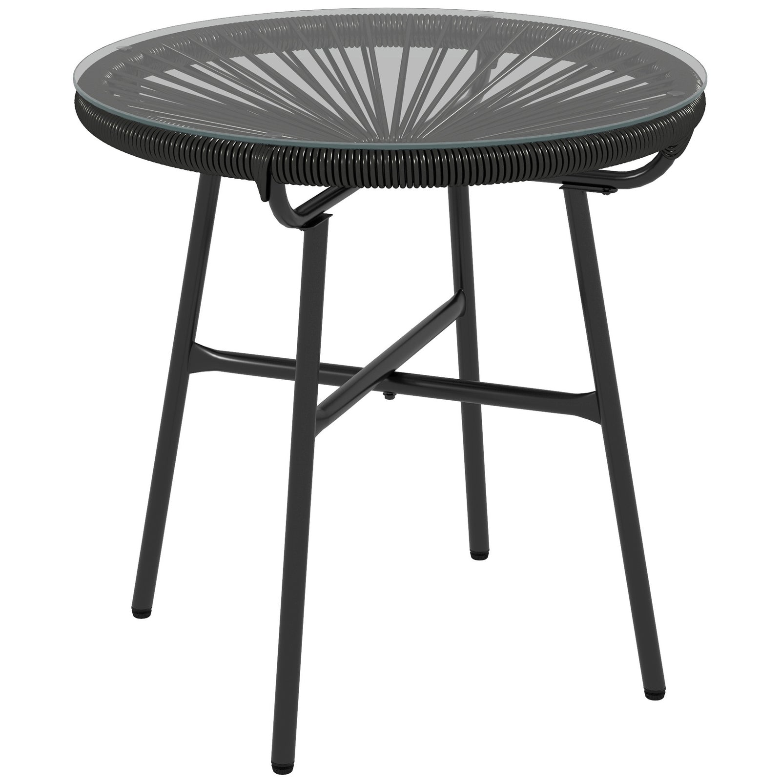 Rattan Side Table, Round Outdoor Coffee Table, with Round PE Rattan and Tempered Glass Tabletop for Patio, Garden, Balcony, Black