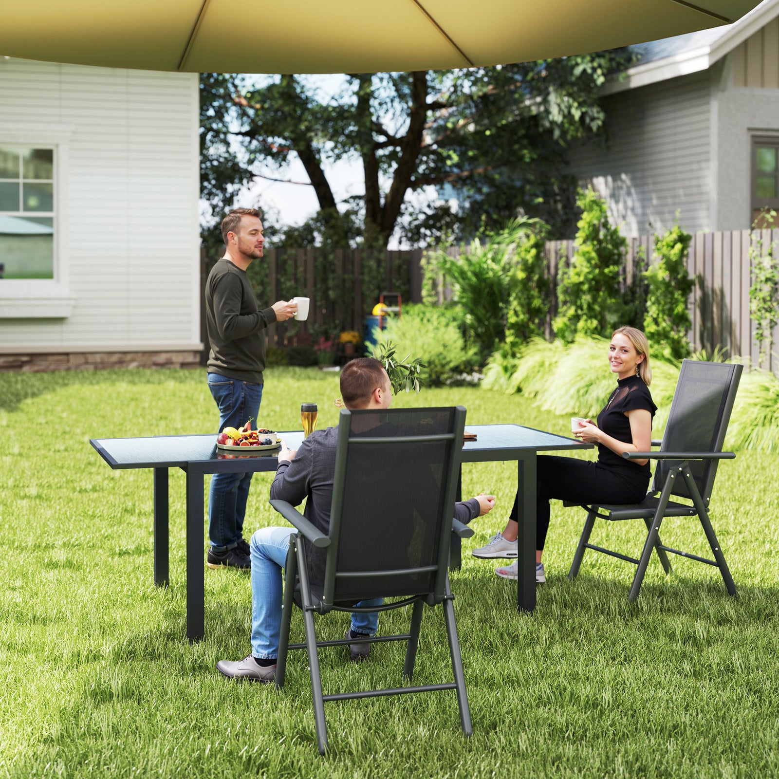 Set of 2 Folding Chair, Aluminium Frame Outdoor Camping Chairs with Breathable Mesh Back and Seat, Garden Chair Set with Armrests for Balcony, Dark Grey