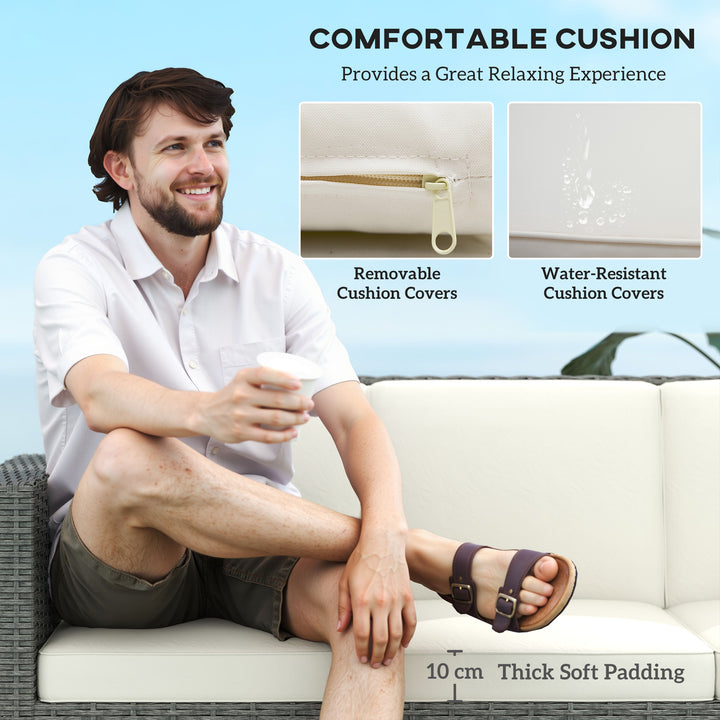 3 Seater Rattan Sofa All-Weather Wicker Weave Metal Frame Chair with Fire Resistant Cushio-Cream