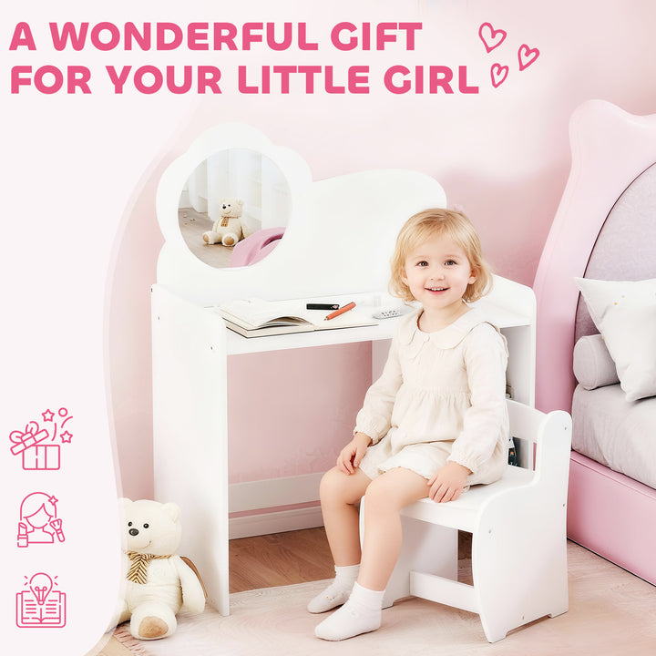 Kids Dressing Table with Mirror, Stool, Kids Vanity Table with Shelves, for Ages 3-8 Years