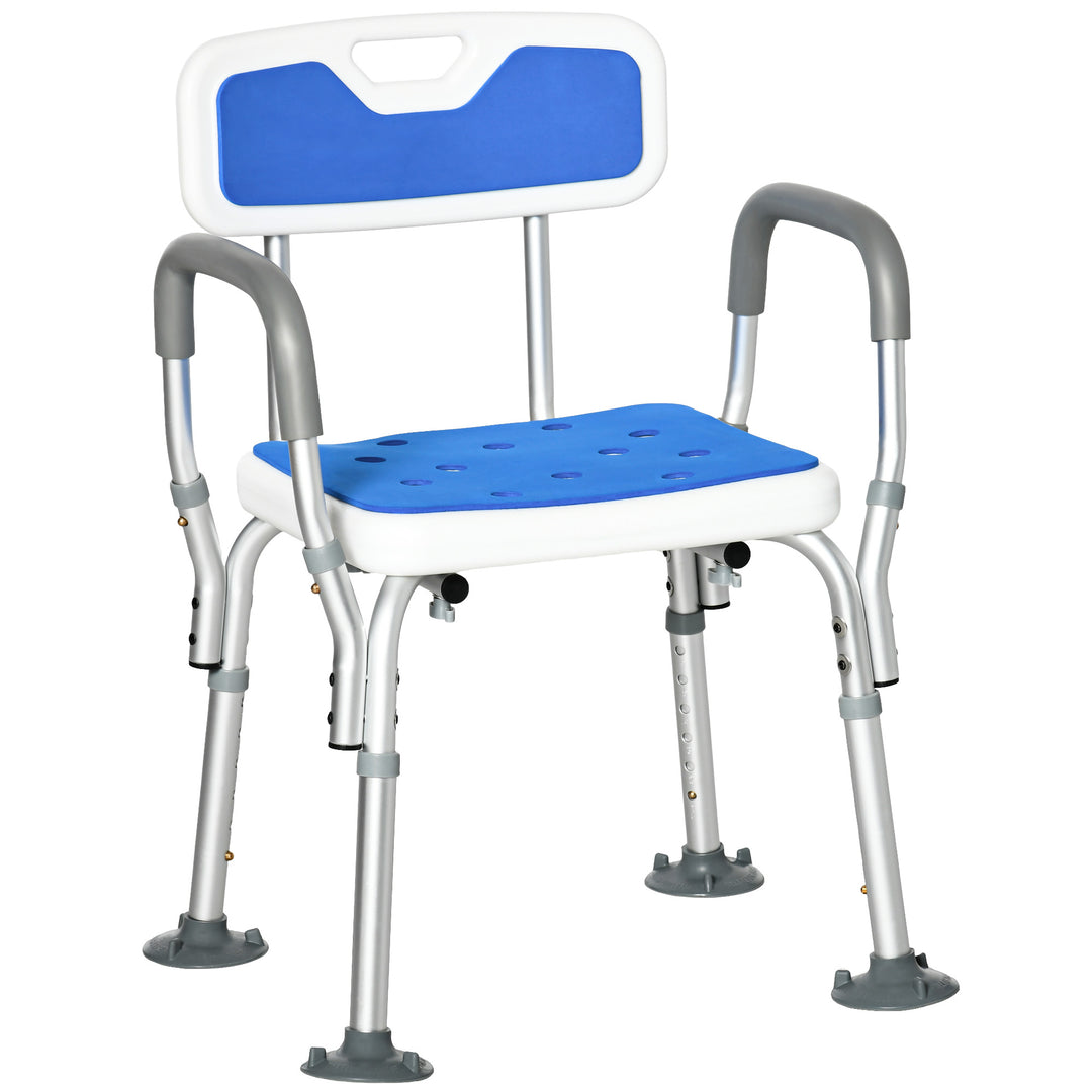 MCL EVA Padded Shower Chair for the Elderly and Disabled, Height Adjustable Shower Stool with Back and Arms, 4 Suction Foot Pads, Blue