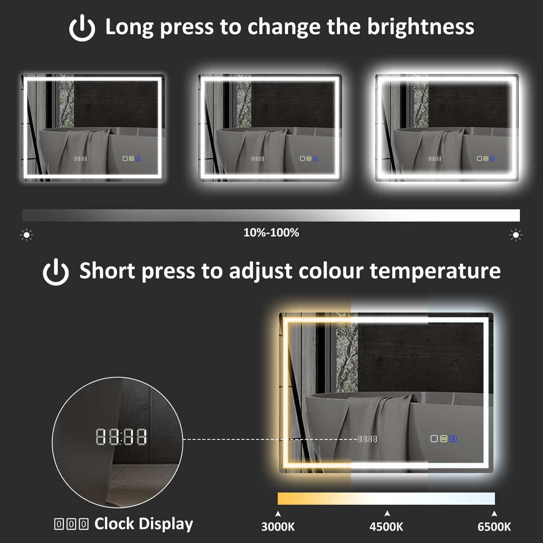 60 x 80 cm Anti-Fog LED Bathroom Mirror, with Bluetooth and Clock - Silver Tone