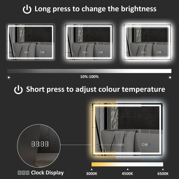 60 x 80 cm Anti-Fog LED Bathroom Mirror, with Bluetooth and Clock - Silver Tone
