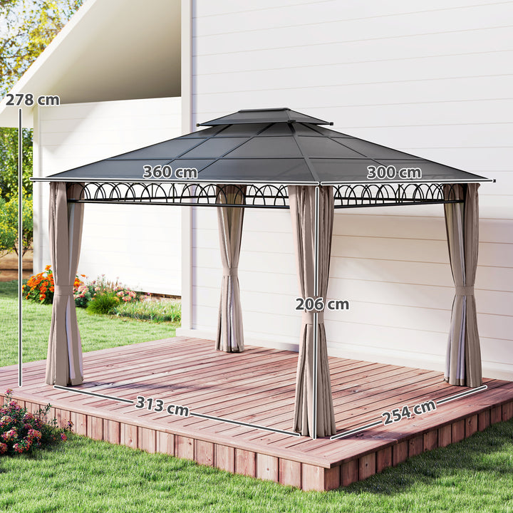 3.6 x 3 (m) Outdoor Polycarbonate Gazebo, Double Roof Hard Top Gazebo with Nettings & Curtains for Garden, Lawn, Patio