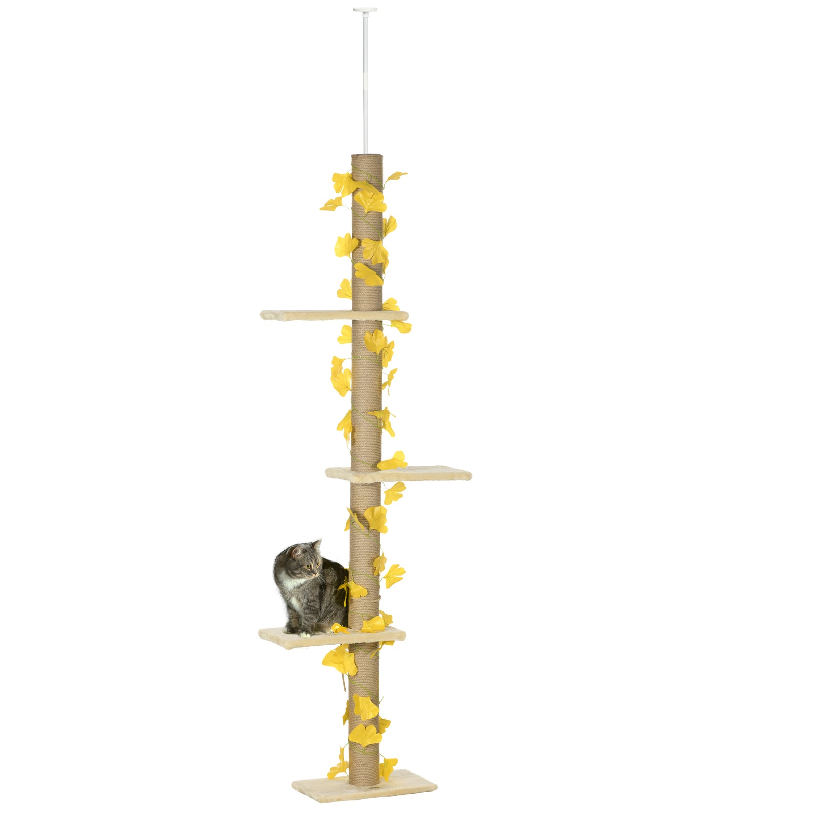 242cm Adjustable Floor-To-Ceiling Cat Tree, with Artificial Decoration, Perches, Anti-Slip Kit - Yellow