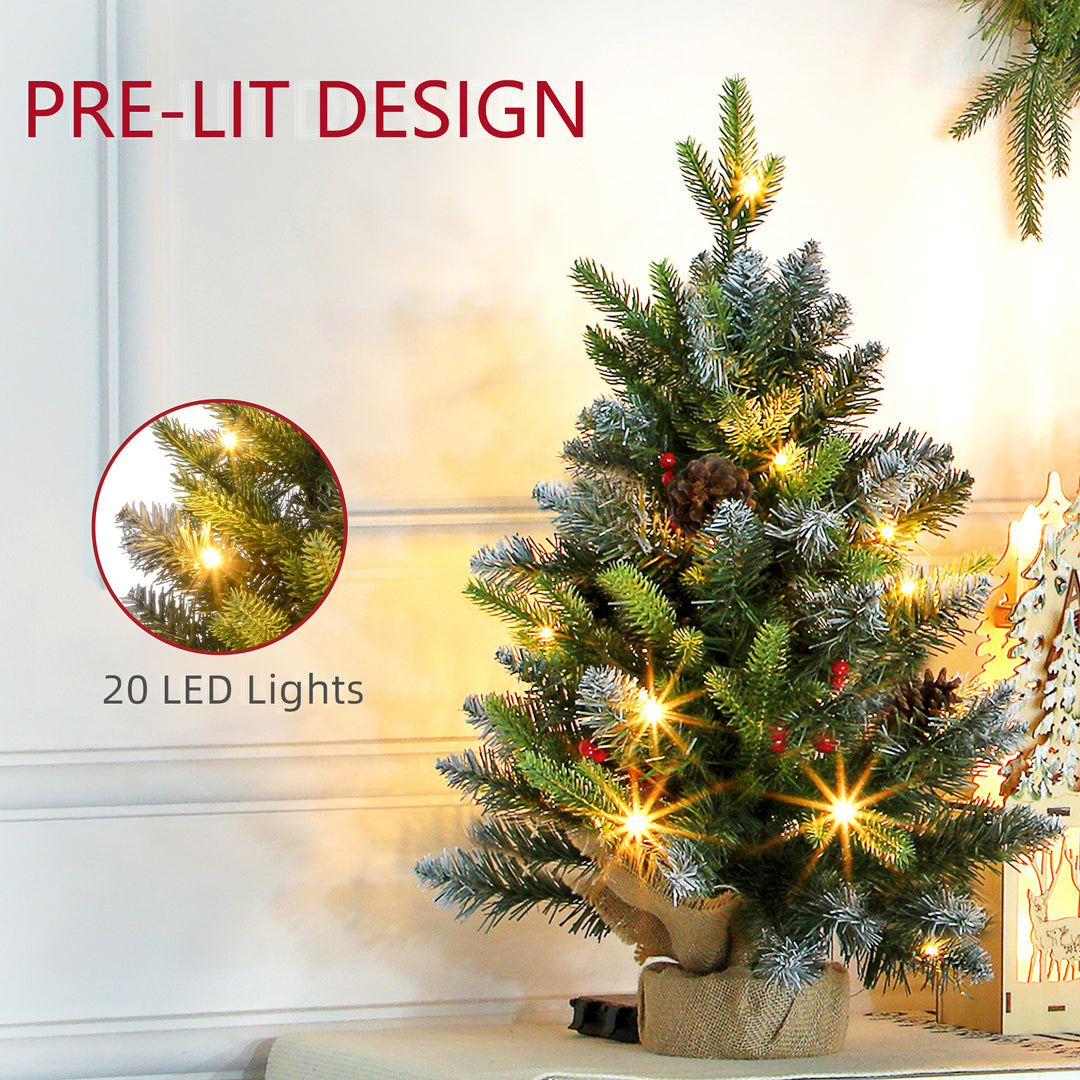 HOMCOM 2 Pieces 2ft Prelit Artificial Christmas Tree with LED Light and 141 Tips, Concrete Base, Tabletop Xmas Tree with Pine Cones and Red Berries, Green