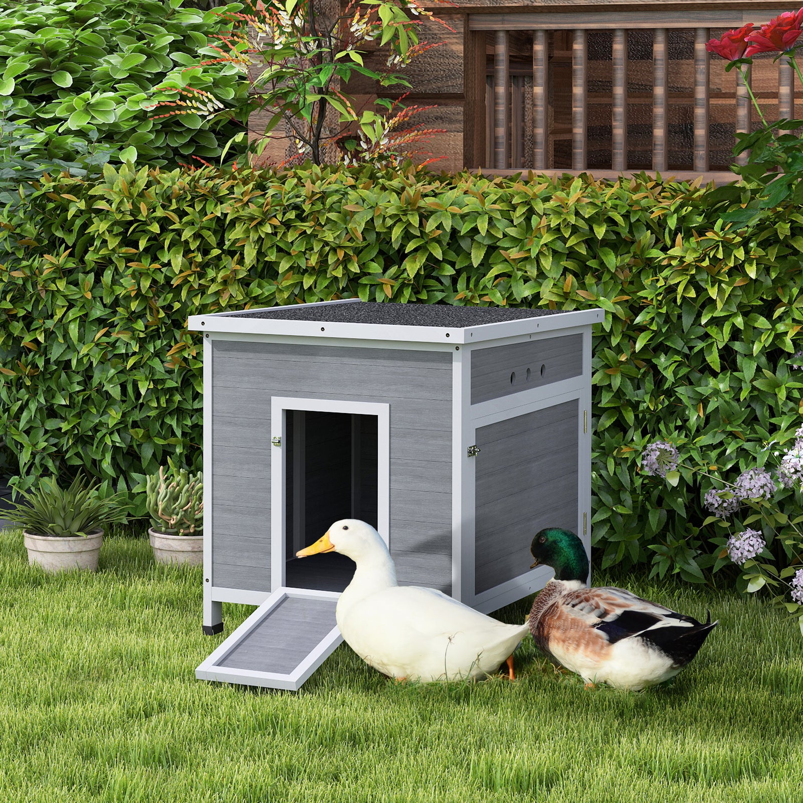 PawHut Wooden Duck House with Ramp, Double Doors, Openable Asphalt Roof, Ventilation Holes, Removable Base, Light Grey
