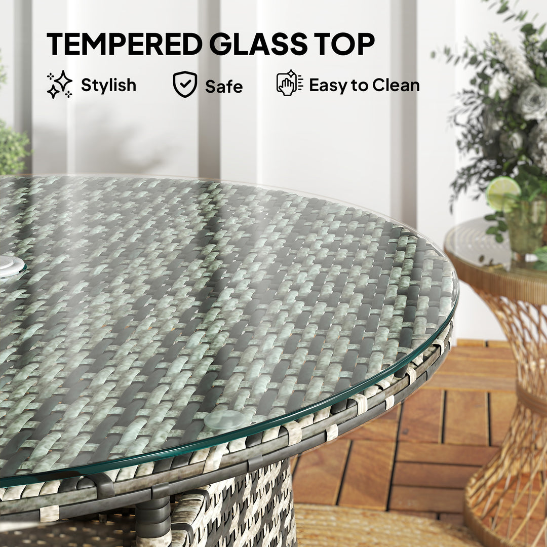 Wicker Garden Rattan Table, Patio Furniture Outdoor Coffee Table with Umbrella Hole and Tempered Glass Top, Grey