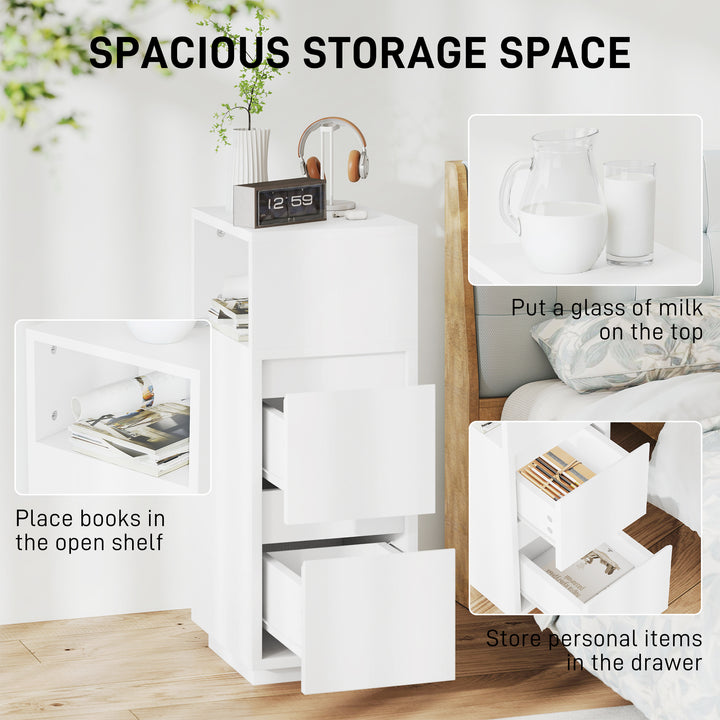 Slim Bedside Table, Narrow Bedside Cabinet with Open Shelf and 2 Drawers for Bedroom, Living Room