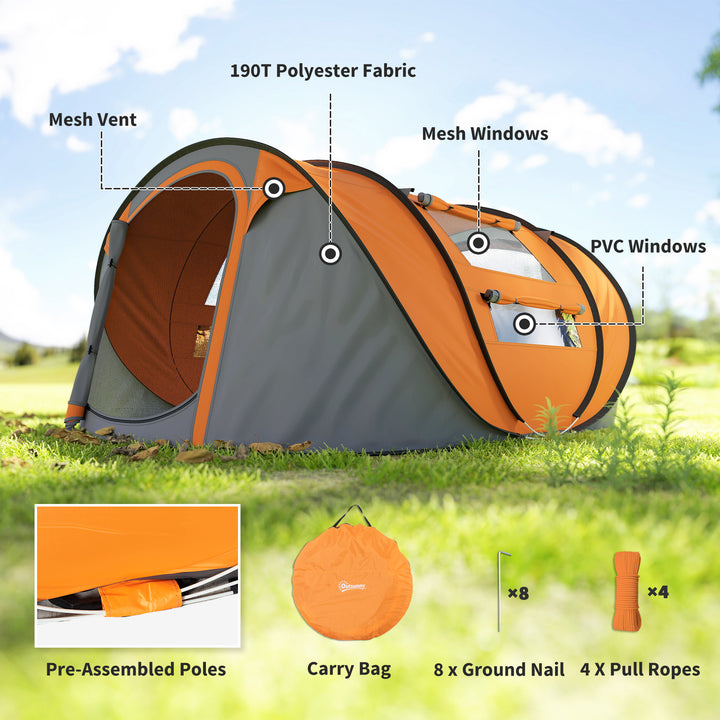 4 Person Pop-up Camping Tent Family Tent with Ground Sheet, 4 Windows and Portable Carry Bag for Beach Outdoor Trip, Orange