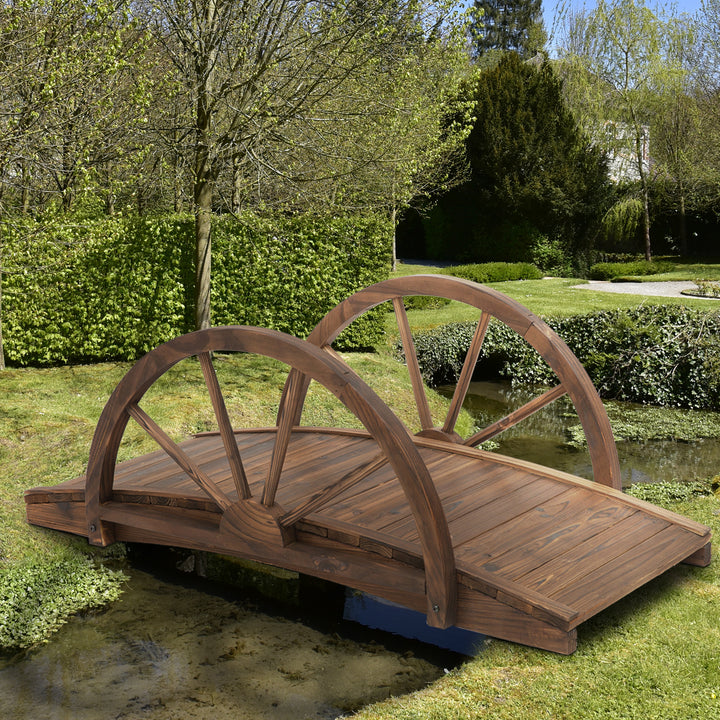 Outsunny Wooden Garden Bridge Lawn Décor Stained Finish Arc Outdoor Pond WalkwayYard Decoration Half Wheeled Railings 100L x 50W x 37Hcm | Aosom UK