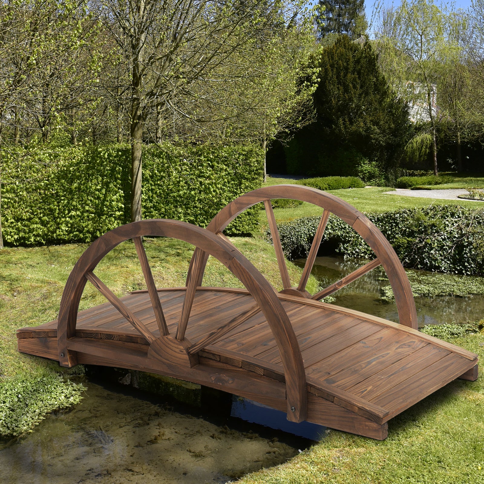 Wooden Garden Bridge Lawn Décor Stained Finish Arc Outdoor Pond WalkwayYard Decoration Half Wheeled Railings 100L x 50W x 37Hcm