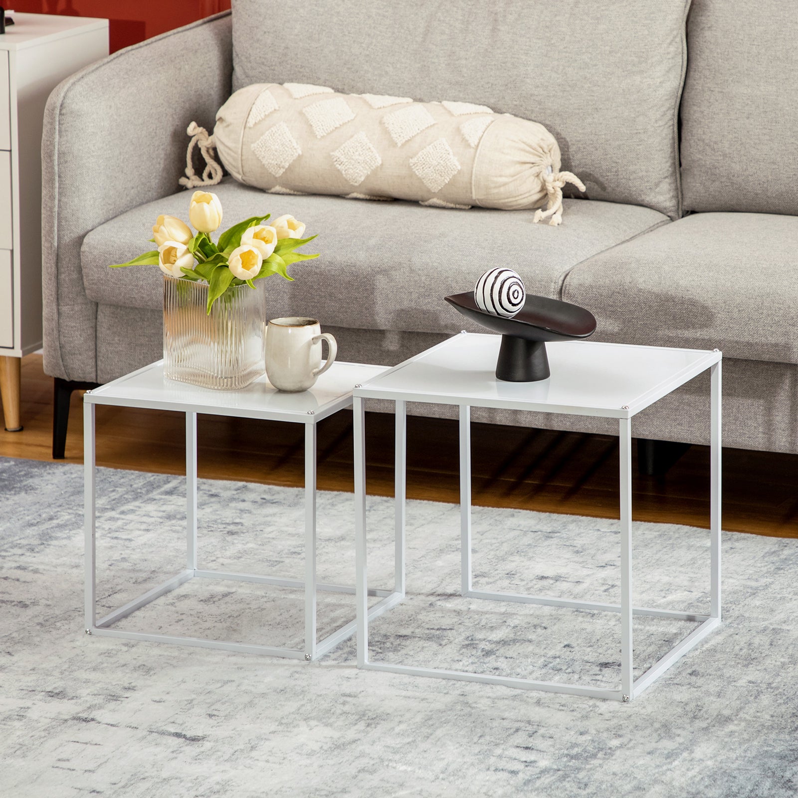 Square Nesting Coffee Table Set of 2, Modern Nest of Tables, Sofa Side Tables with Steel Frame for Living Room, Bedroom, Small Space, White