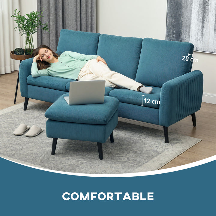 3 Seater Sofa with Ottoman, 196cm Corduroy L-shaped Sofa Couch with Scatter Back, Reversible Chaise Lounge for Living Room, Home Office, Small Spaces, Blue