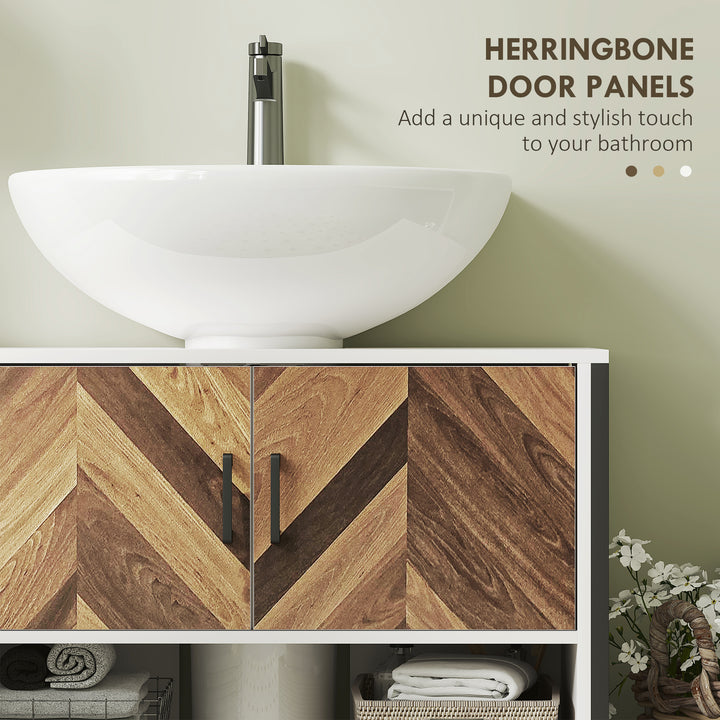 Under Sink Bathroom Cabinet, Rustic Under Sink Cabinet with Herringbone Doors and Open Compartment for Basin with or without Pedestal, 80 x 40 x 60cm, Cream White