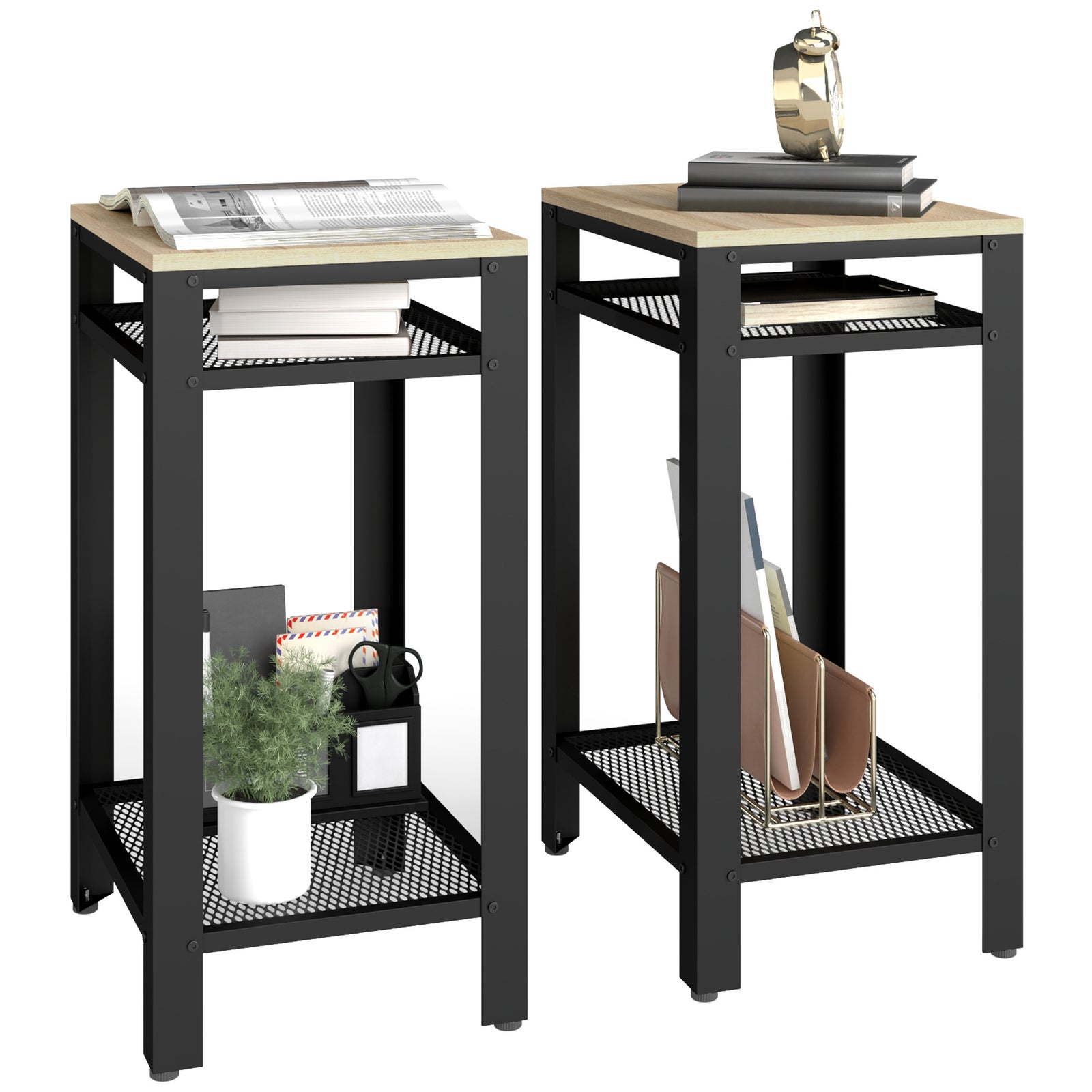 Tall Side Table Set of 2 with 3 Layer, 2 Shelves Storage Display Industrial-Style, Metal Frame, Bedside End Table for Living Room Bedroom, Oak and Black