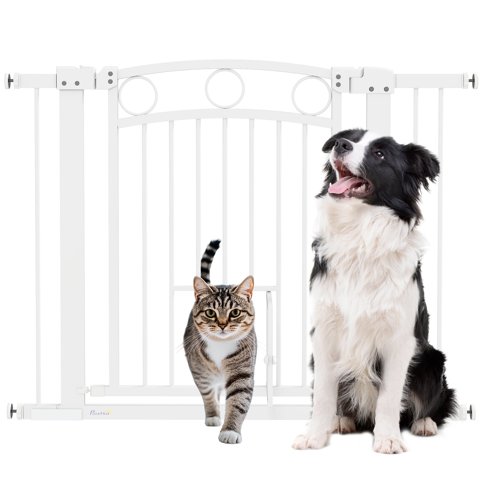 77cm Tall Dog Gate with Cat Door, 7cm and 14cm Extensions, for Stairs, Doorways, 76-104cm Width