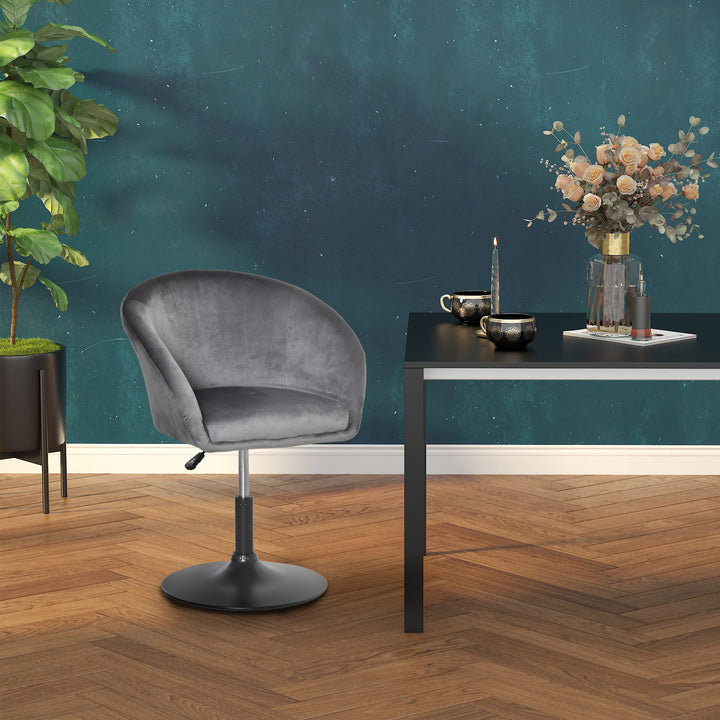 HOMCOM Dressing Table Chair, 360° Swivel Velvet-feel Upholstered Vanity Chair with Tub Seat, Back, Adjustable Height for Bedroom Makeup, Grey