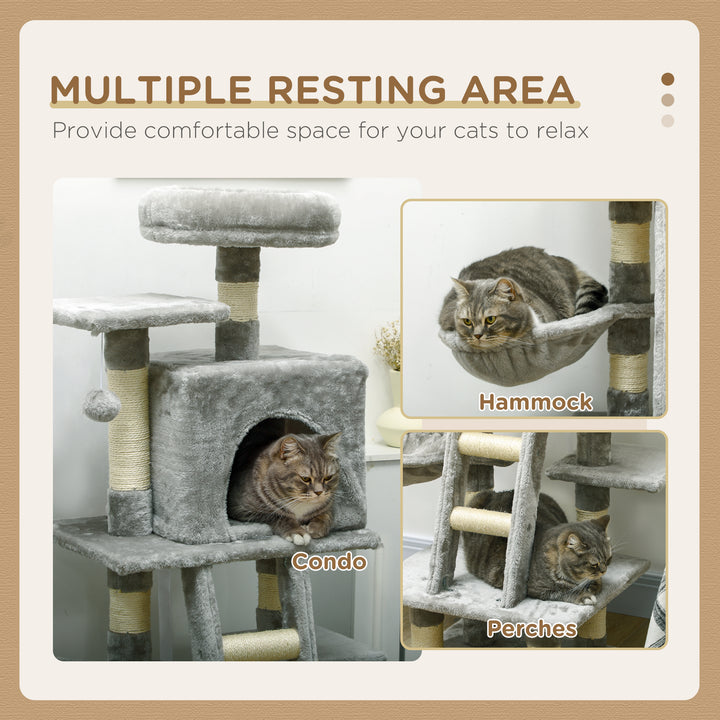 132cm Cat Tree with Scratching Post, House, Hammock, Toy Balls - Grey