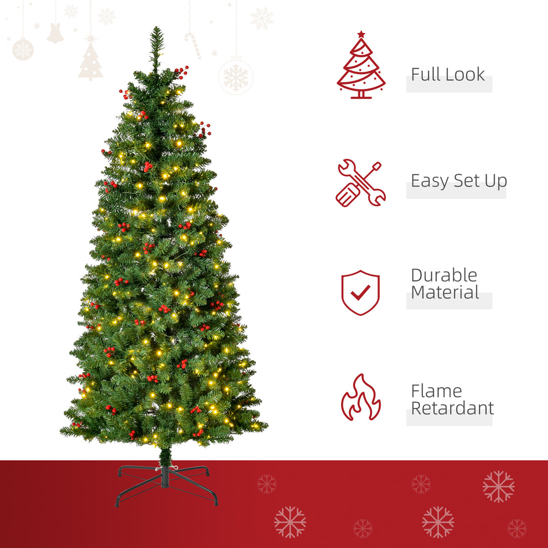 HOMCOM 5FT Prelit Artificial Pencil Christmas Tree with Warm White LED Light, Red Berry, Holiday Home Xmas Decoration, Green | Aosom UK