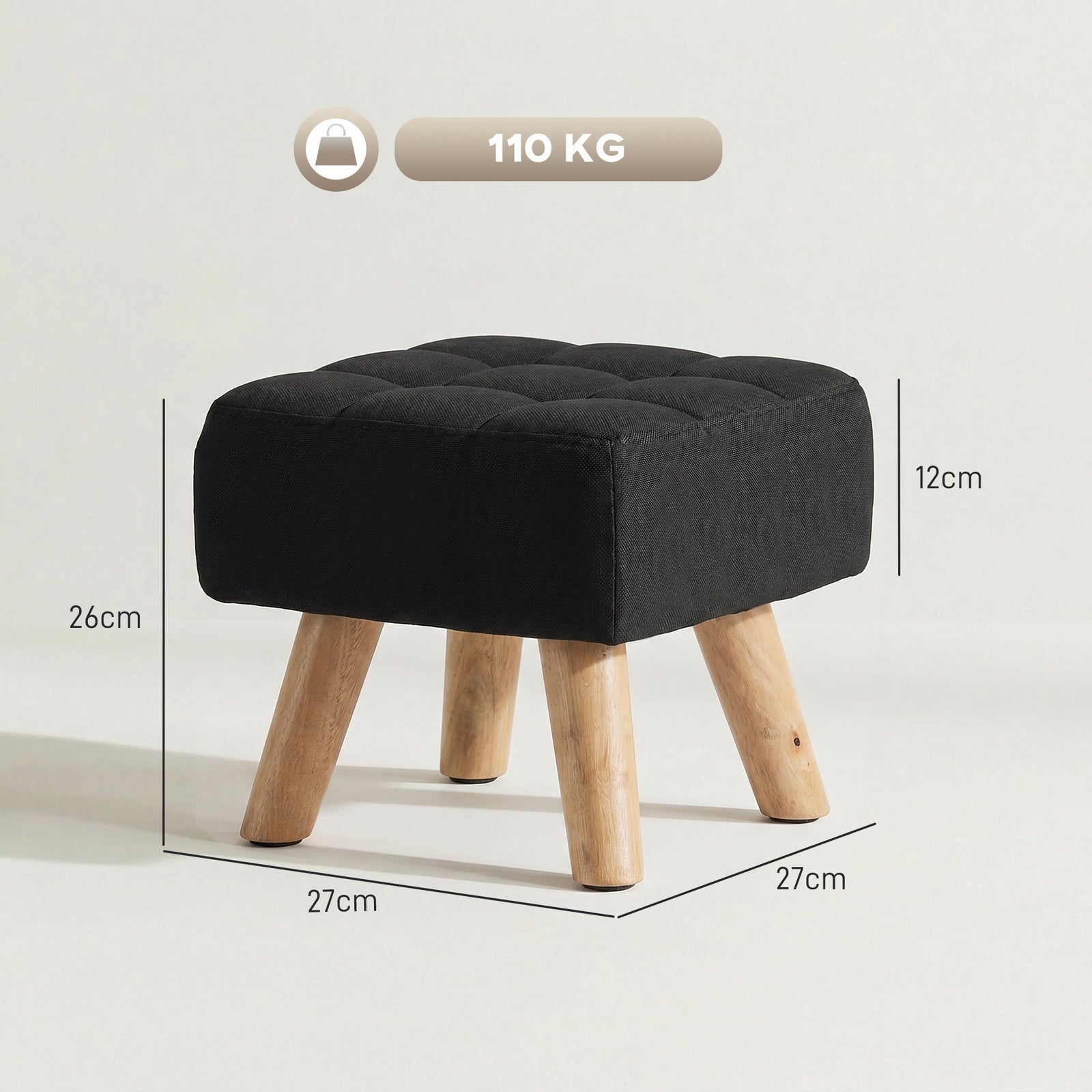 Linen-Look Square Padded Footstool - Black