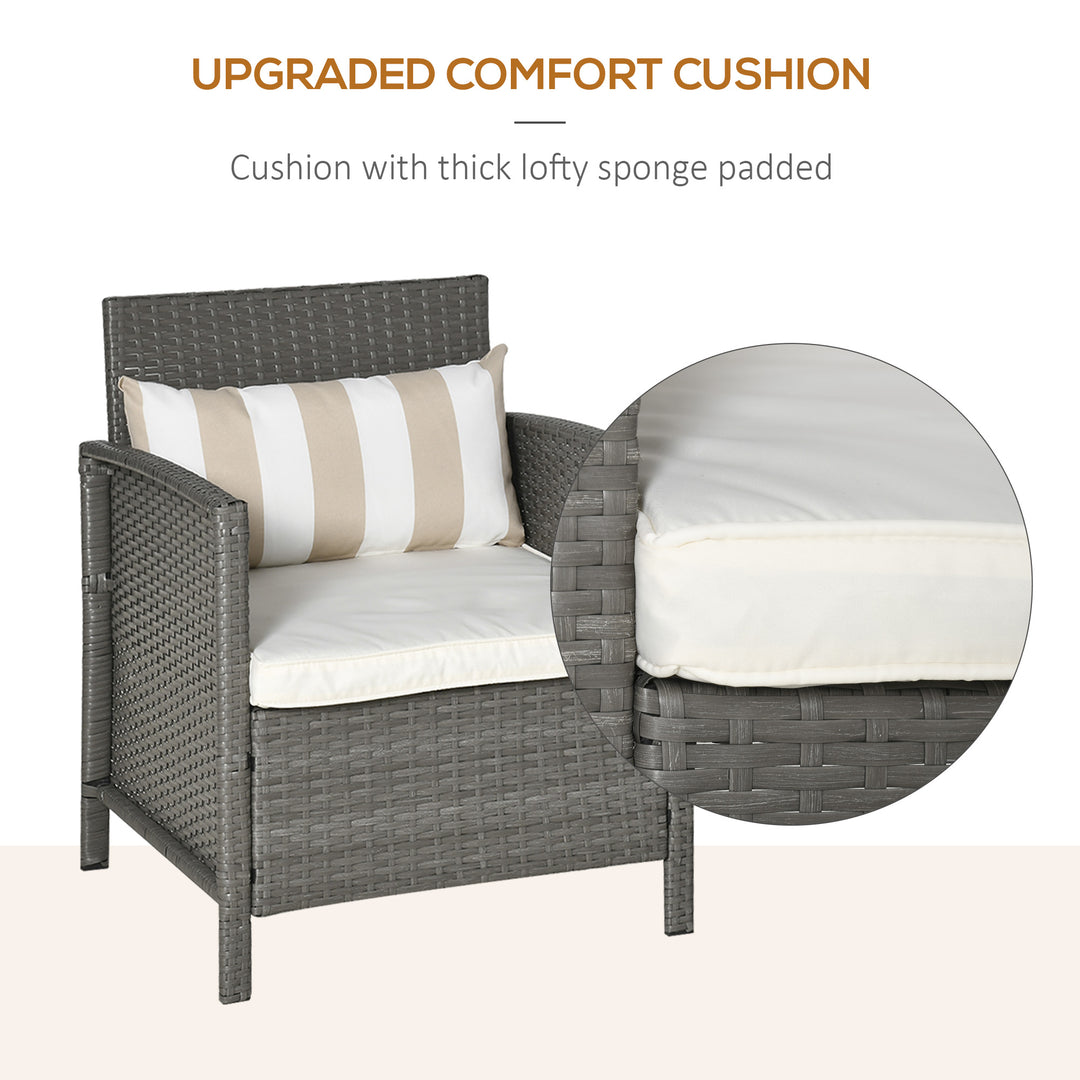 3 Pieces Rattan Bistro Set, Wicker Garden Furniture Set, Glass Top 2-tier Coffee Table and Chairs Set with Pillows and Washable Cushions for Outdoor, Patio, Balcony, Light Grey