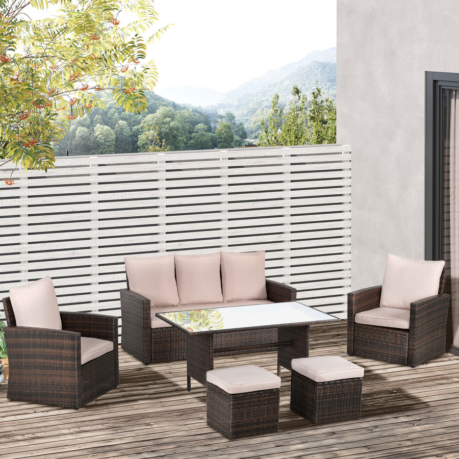 Six-Piece Rattan Sofa Set, with Glass-Top Table - Mixed Brown