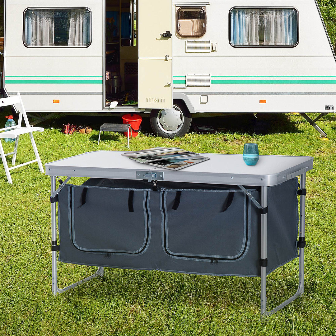 Outsunny 4ft Folding Camping Cupboard Kitchen, Height Adjustable Aluminium Camping Table with Storage, Lightweight Picnic Table for Outdoor Garden BBQ Party