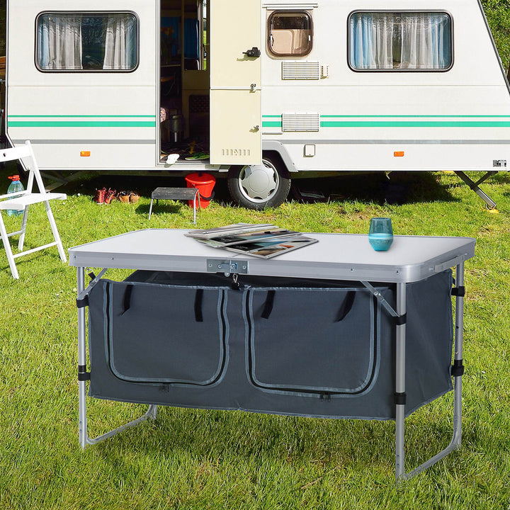 Outsunny 4ft Folding Camping Cupboard Kitchen, Height Adjustable Aluminium Camping Table with Storage, Lightweight Picnic Table for Outdoor Garden BBQ Party