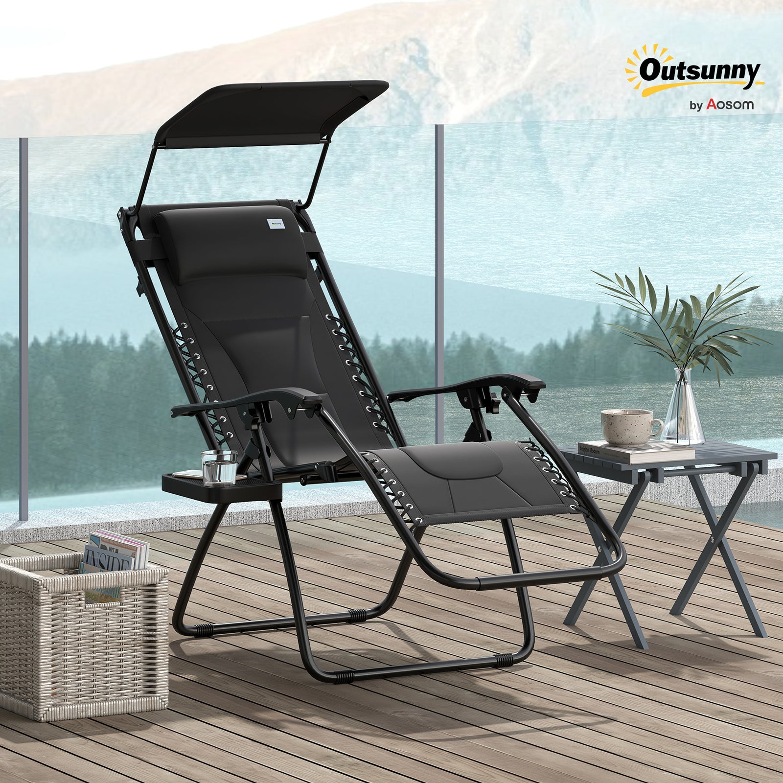 Zero Gravity Lounger Chair, Folding Reclining Patio Chair with Shade Cover, Padded Seat, Cup Holder, Soft Cushion and Headrest for Poolside, Camping, Black