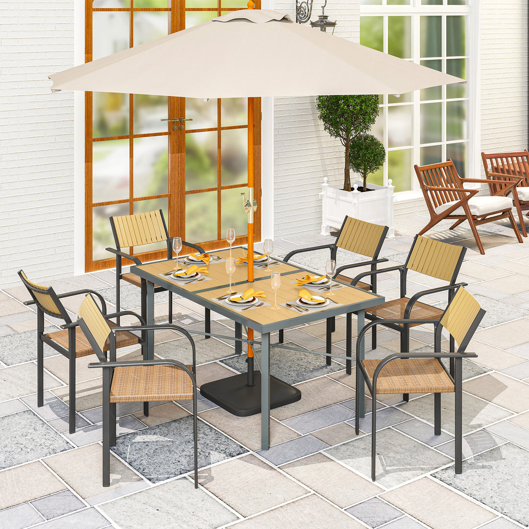 Garden Table for 6, 150 cm Rectangular Outdoor Dining Table with 5 cm Umbrella Hole, Wood Effect Top, Rust Resistant Frame, for Patio, Balcony, Terrace, Natural Wood Finish