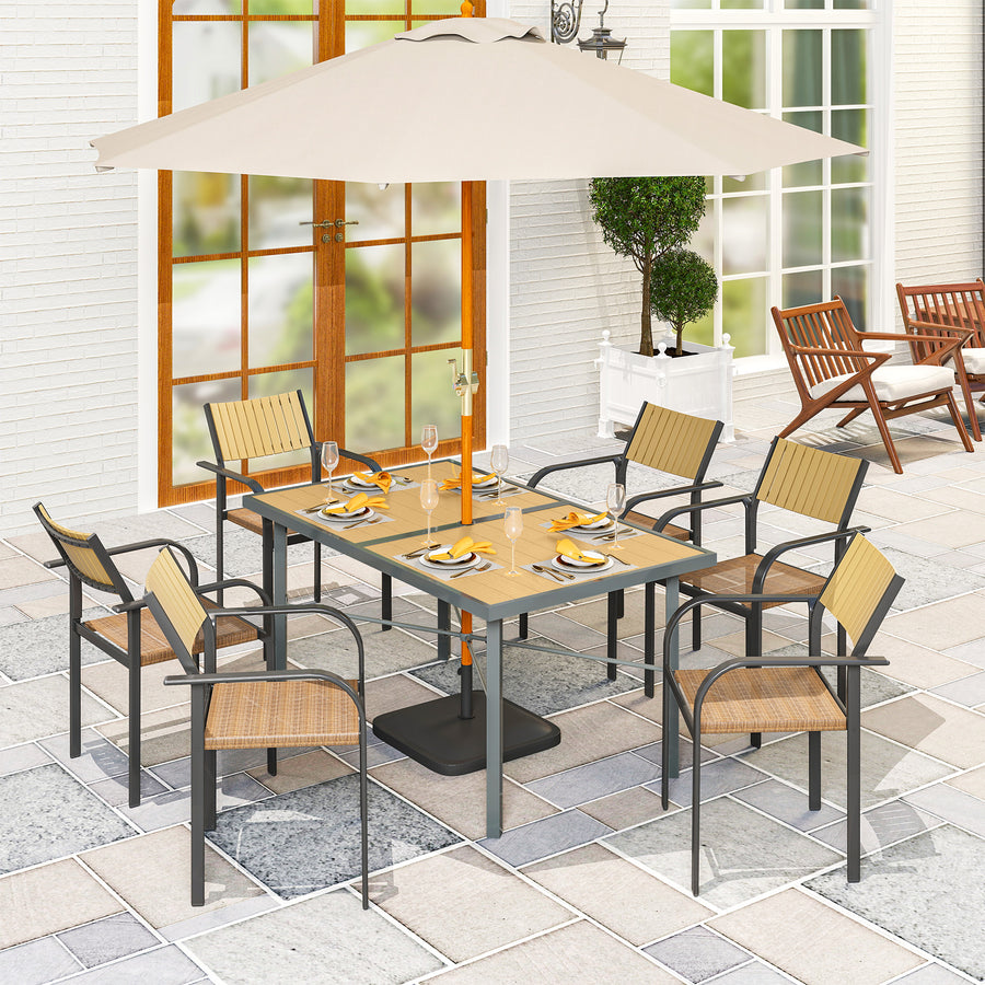 Garden Table for 6, 150 cm Rectangular Outdoor Dining Table with 5 cm Umbrella Hole, Wood Effect Top, Rust Resistant Frame, for Patio, Balcony, Terrace, Natural Wood Finish