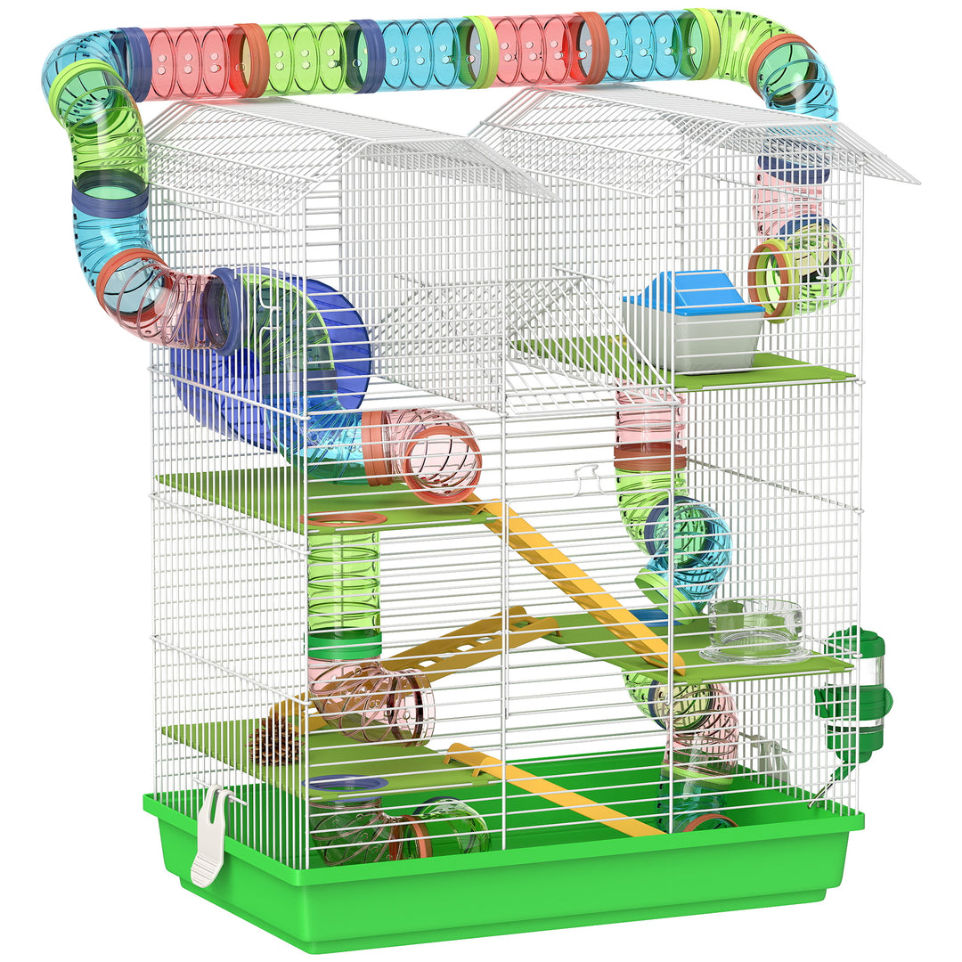 5 Tier Hamster Cage Carrier Habitat with Exercise Wheels Tunnel Tube Water Bottle Dishes House Ladder for Dwarf Mice, Green