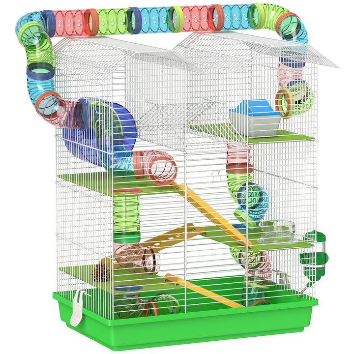 5 Tier Hamster Cage Carrier Habitat with Exercise Wheels Tunnel Tube Water Bottle Dishes House Ladder for Dwarf Mice, Green