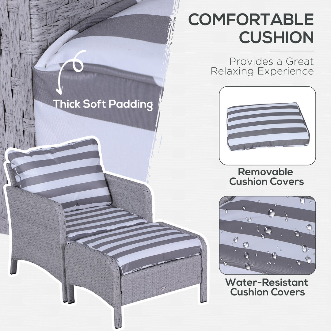 5 Pieces PE Rattan Garden Furniture Set with 10cm Thick Padded Cushions, Wicker Weave Outdoor Seating Chairs with 2 Armchairs, 2 Stools, Glass Top Table, Grey and White