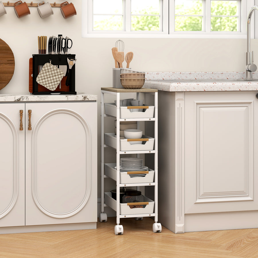 5-Tier Storage Trolley on Wheels - White