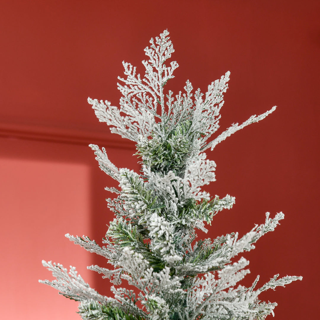 MCL 7 Ft Pencil Snow Flocked Artificial Christmas Tree with Realistic Cypress Branches, Auto Open, Green