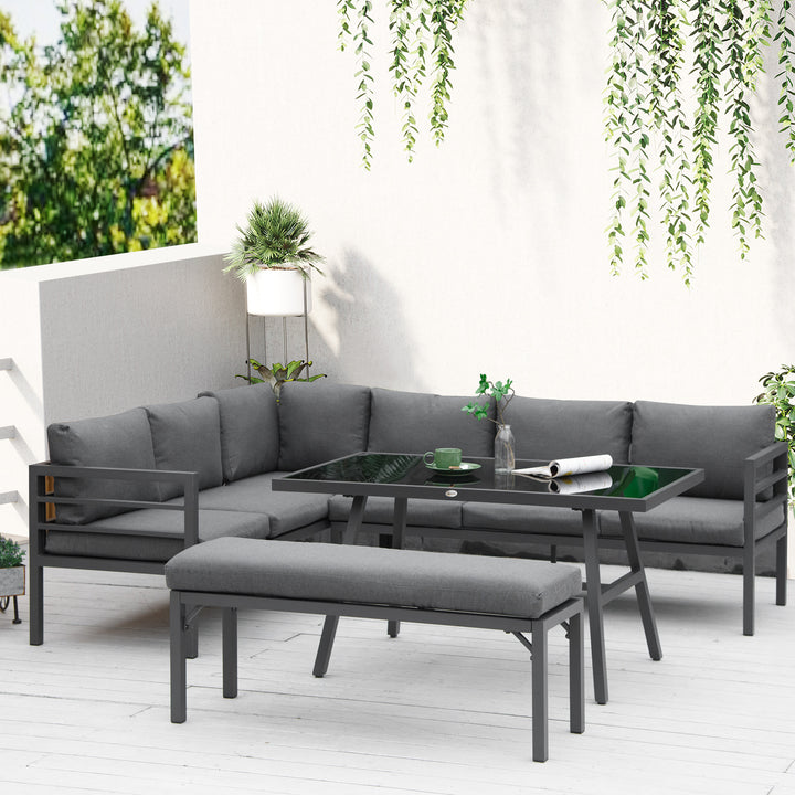 Outsunny 4 Piece L-shaped Garden Furniture Set 8-Seater Aluminium Outdoor Dining Set Conversation Sofa Set w/ Bench, Dining Table & Cushions, Grey