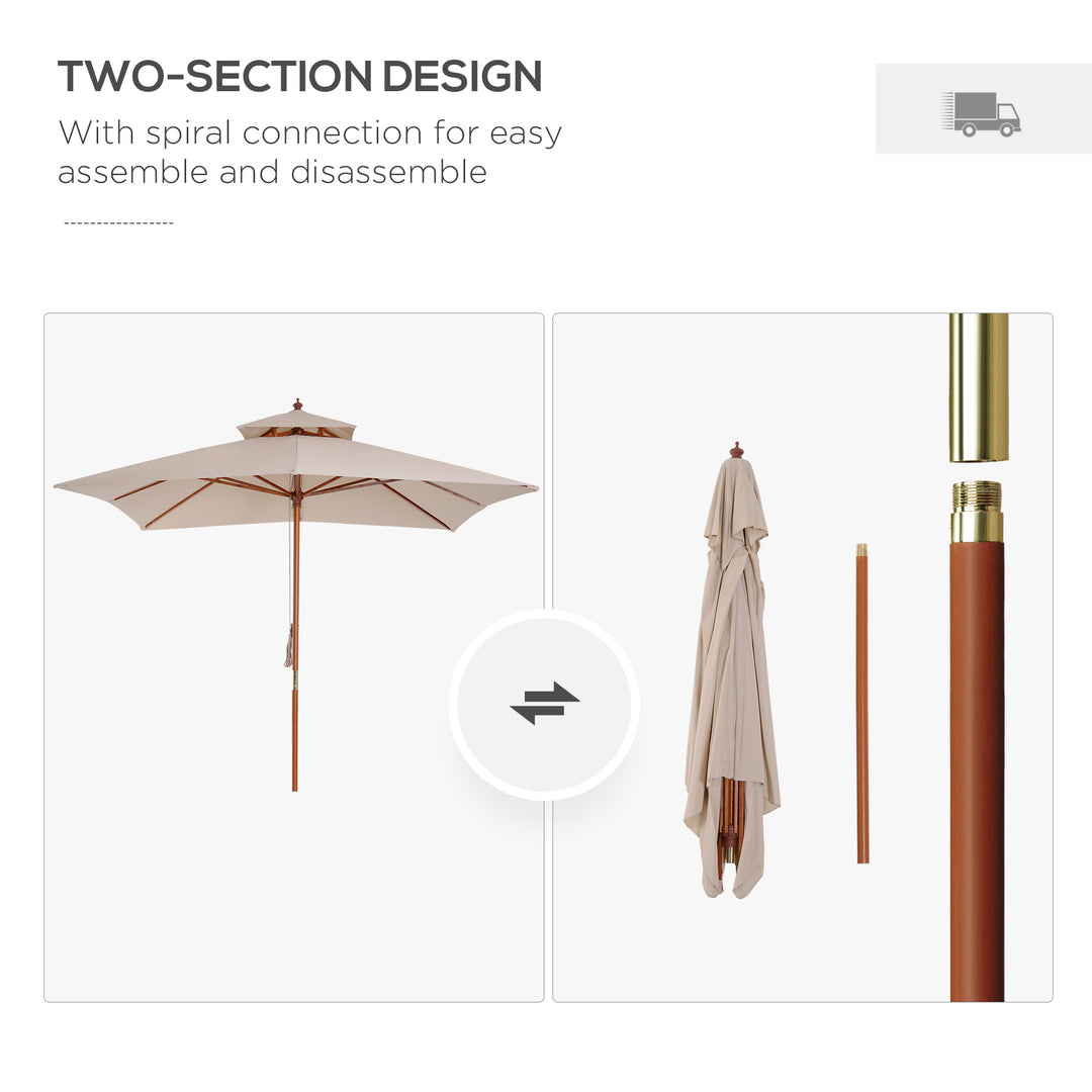 3 x 3 metre Patio Parasol Garden Umbrellas Sunshade Outdoor Wooden Parasol Canopy Double Tier, Beige, BASE NOT INCLUDED