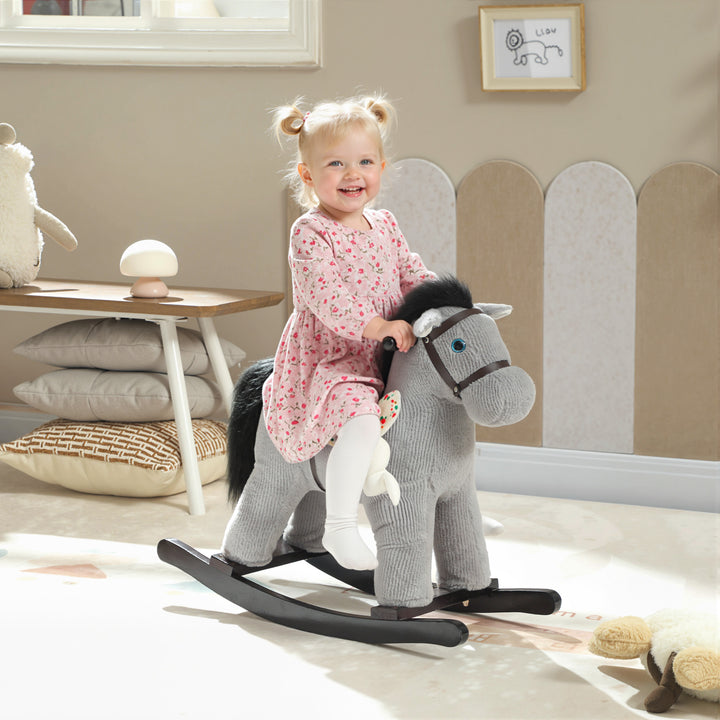 Baby Rocking Horse, Plush Ride on Toy with Handle Grip, Sound and Doll, Toddler Animal Rocker for Kids Aged 2-5