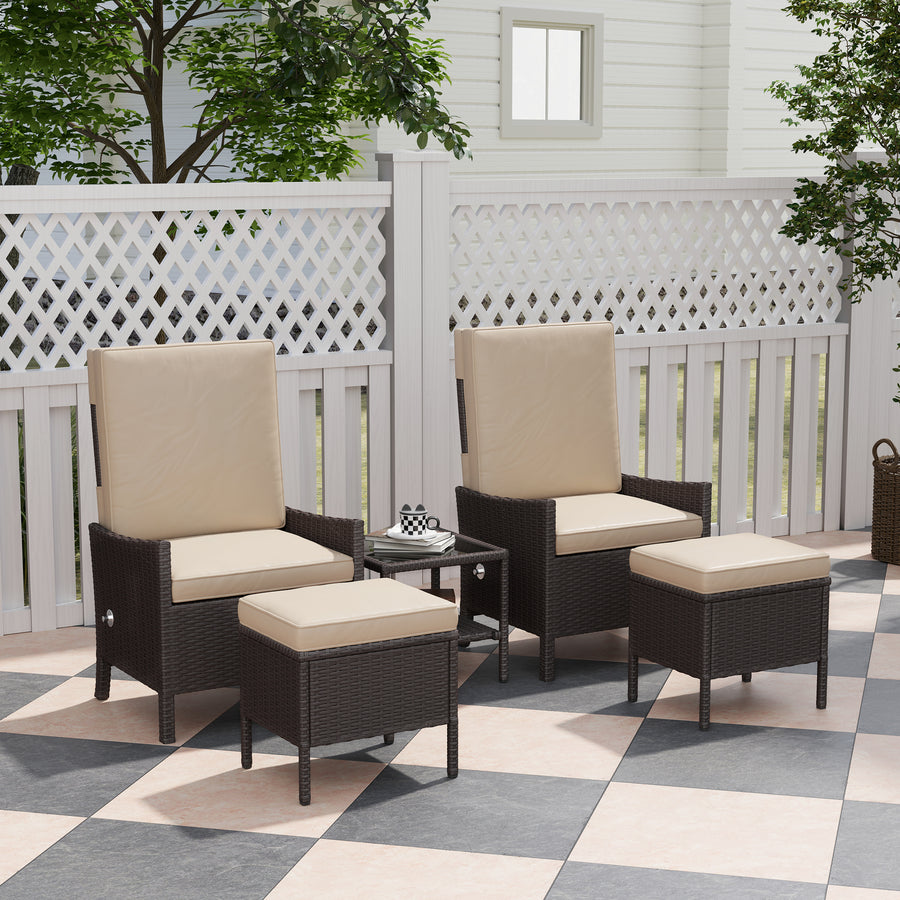 5 Piece Rattan Garden Furniture Set, Wicker Patio Sofa Set with 2 Armchairs, 2 Footstools, Glass Top Coffee Table with Shelf, Outdoor Furniture with Adjustable Backrests, Cushions, Khaki