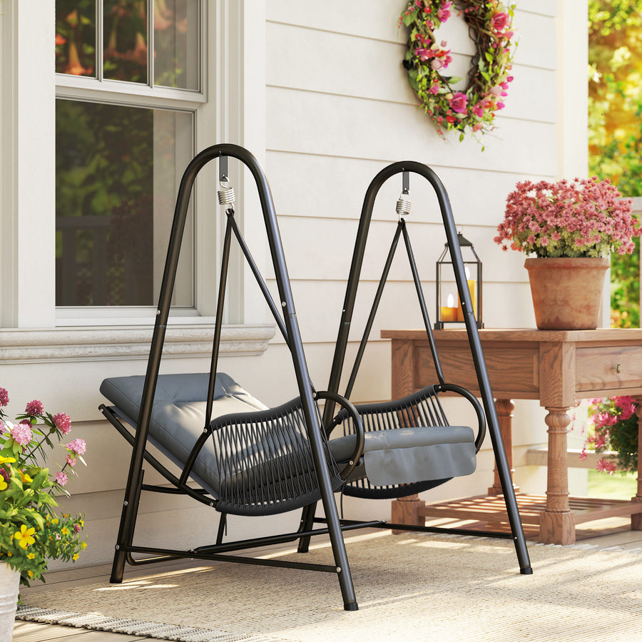 Rattan Swing Chair, Outdoor Garden Hanging Swing Seat with Stand and Seat Cushion, Porch Hanging Chair for Balcony, Garden, Deck, Dark Grey
