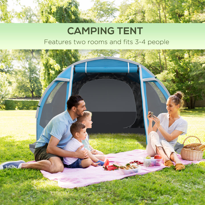 3-4 Man Tunnel Tent, Two Room Camping Tent with Windows, Portable Carry Bag, for Fishing, Hiking, Sports, Festival - Blue