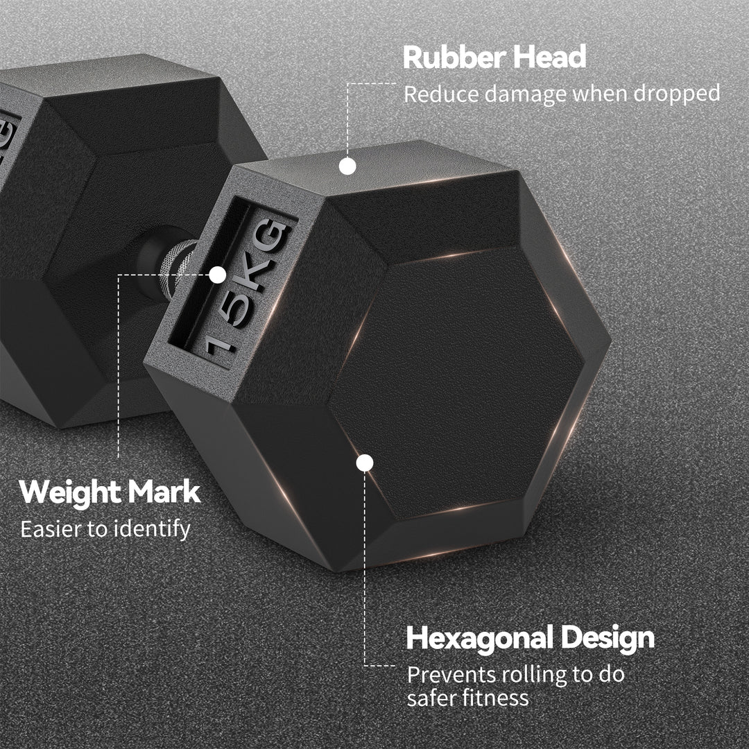 HOMCOM 2x15KG Rubber Hex Dumbbell Portable Hand Weights Dumbbell Home Gym