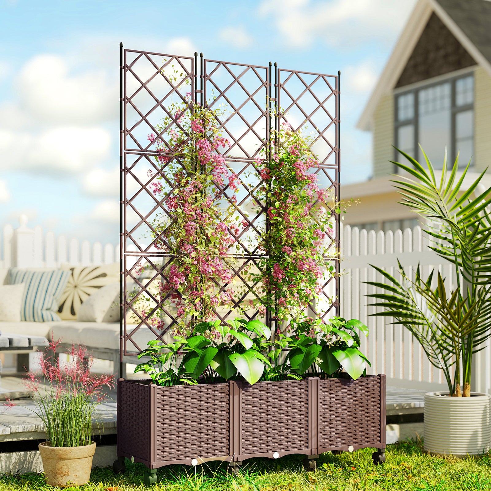 Plastic Raised Planter with Trellis, Self Watering Raised Bed for Gard