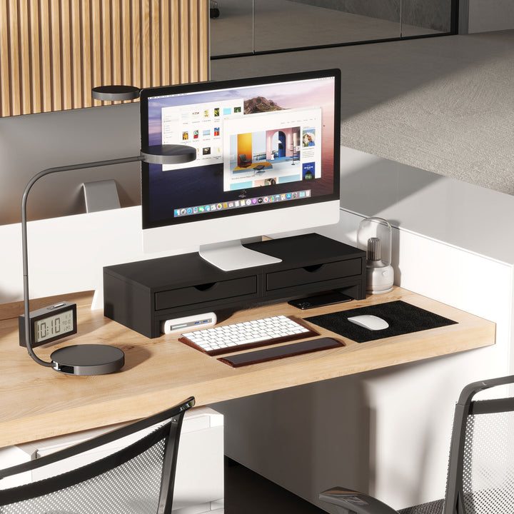 Dual Monitor Stand Riser with 2 Drawers, Adjustable Length and Angle, 116cm Monitor Riser for Laptop, Computer, PC, Small Printer, Black