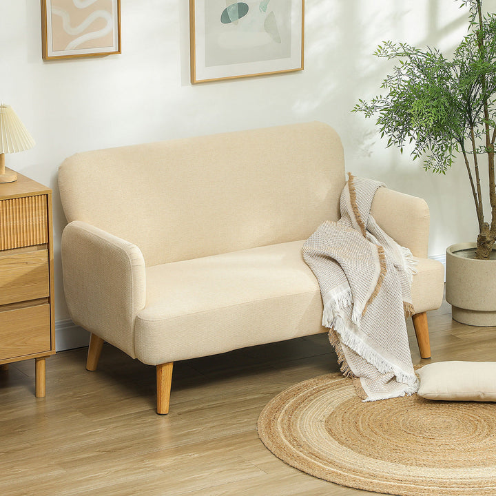Velvet Feel Fabric 2 Seater Sofa, Small Sofa Loveseat with 21cm Thick Padding and Wood Legs