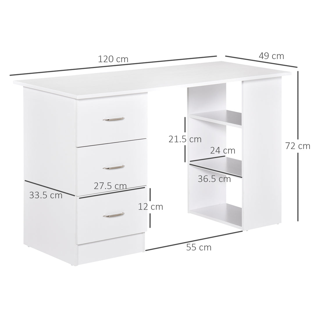 Computer Desk, Writing Table, PC Workstation with 3 Storage Shelves and Drawers, Silver Handle, for Home Office, White