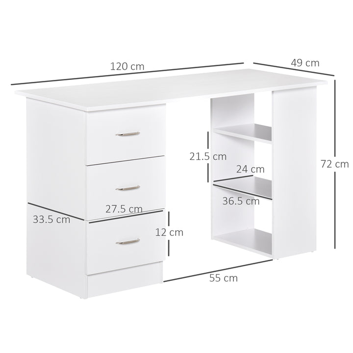Computer Desk, Writing Table, PC Workstation with 3 Storage Shelves and Drawers, Silver Handle, for Home Office, White