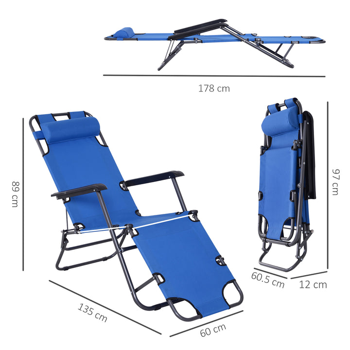 2 in 1 Folding Sun Lounger Reclining Garden Chair Set of 2 with 2-Level Adjustable Backrest, Outdoor Zero Gravity Recliner Garden Chairs with Head Pillow and Armrests, Blue